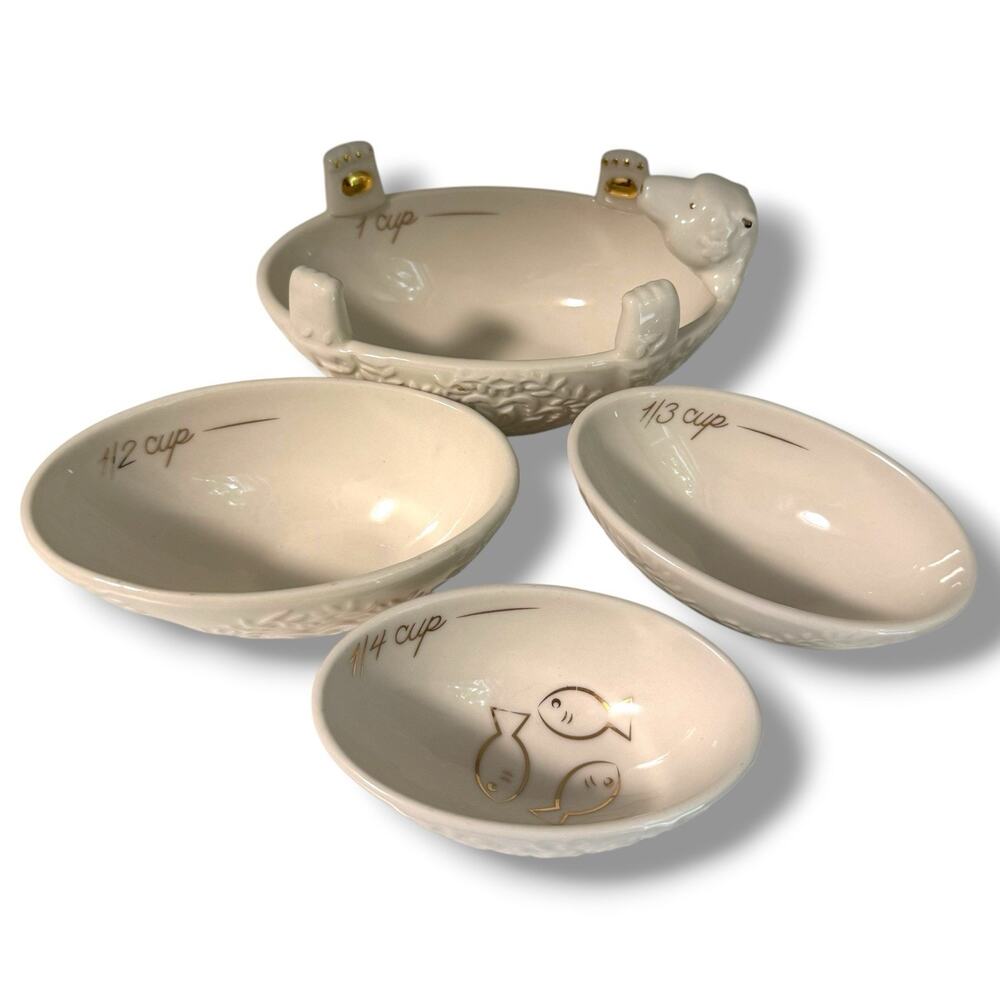 Anthropologie White Ceramic Polar Bear & Fish Nesting Measuring Cups Stoneware